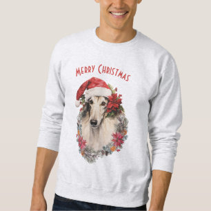 Moletom Borzoi Dog Santa Hat Red Poinsettias Natal
