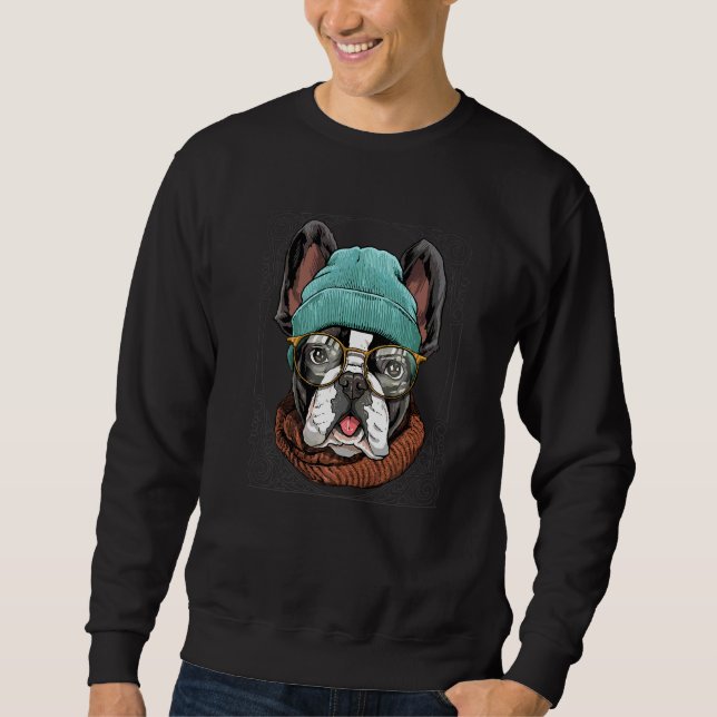 Moletom Buldogue Francês hipster Com Cachorro De Óculos (Frente)