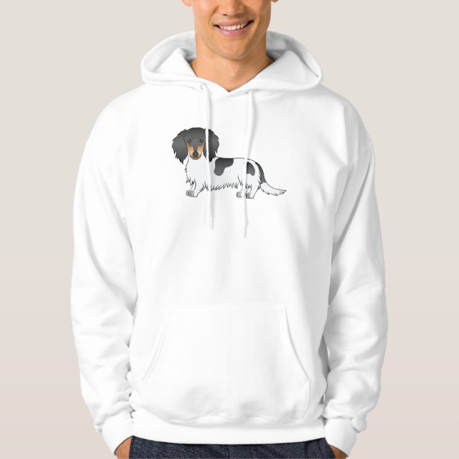 Moletom Cachorro Dachshund Preto e Bege Piebald de Pelo Lo (Frente)