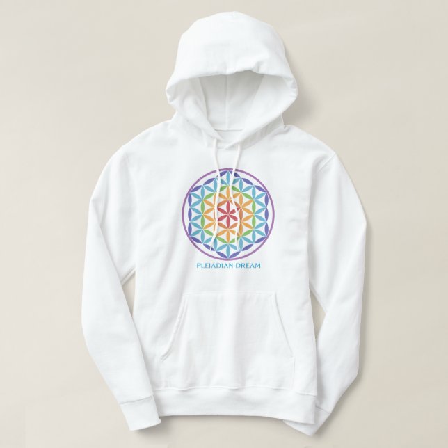 Moletom Capuz branco com flor da vida em arco-íris (Frente do Design)