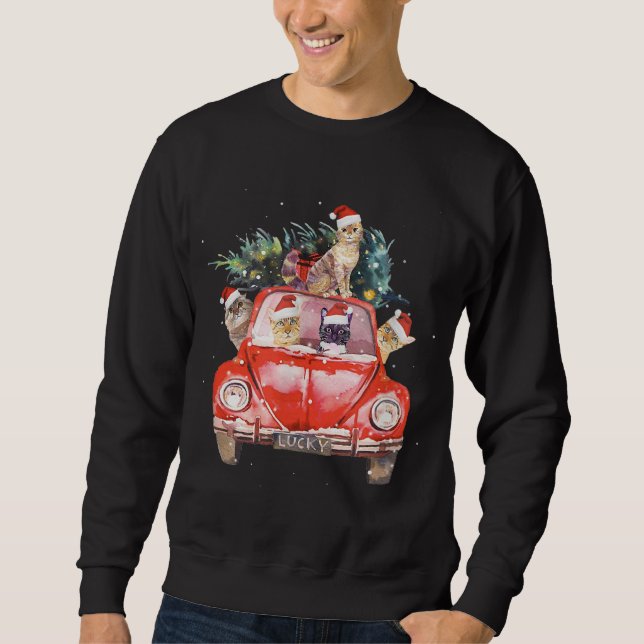Moletom Cat Riding Red Truck Árvore de Natal Cat Santa Hat (Frente)