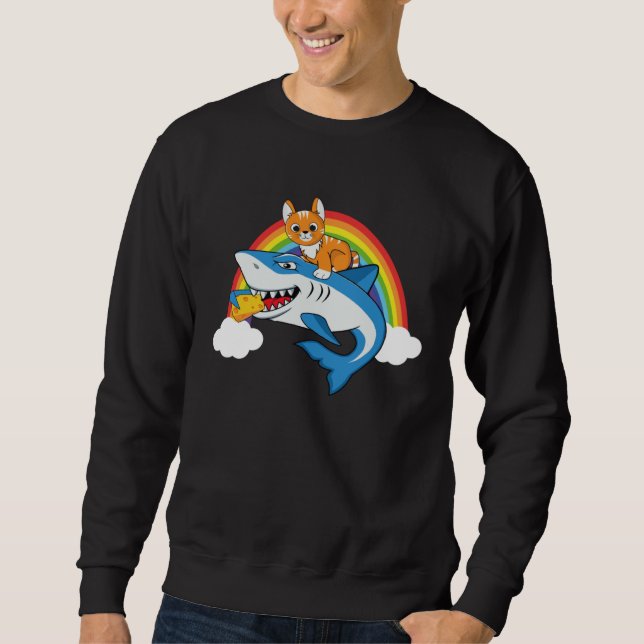 Moletom Cat Riding Shark Eating Cheese With Rainbow For Ca (Frente)