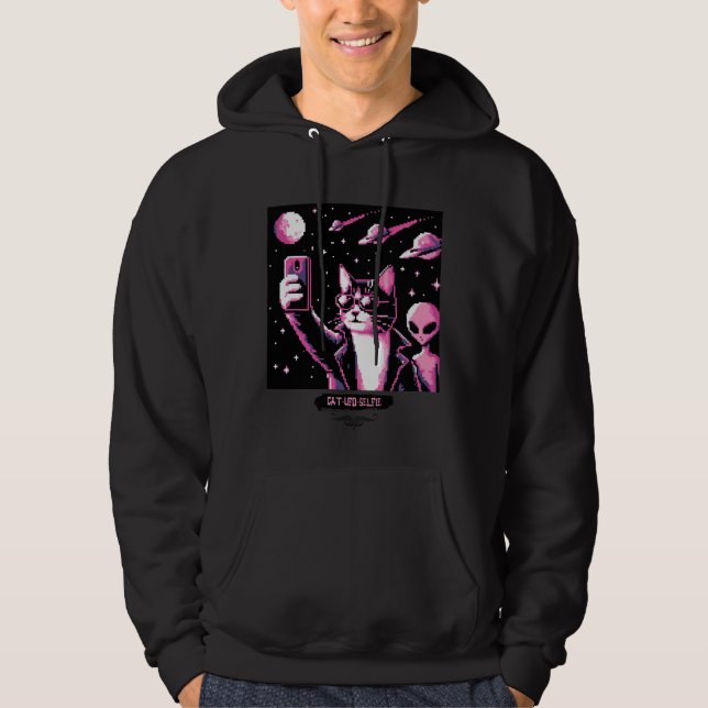 Moletom Cat UFO Selfie: Pixel Art #12 (Gato Rosa) Hoodie (Frente)