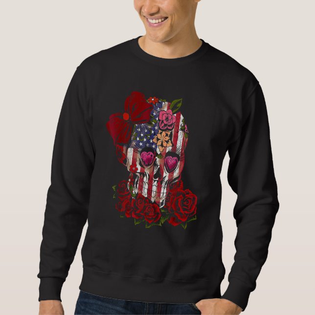 Moletom Caveira de Flores de Rosa de Arco da Bandeira Amer (Frente)