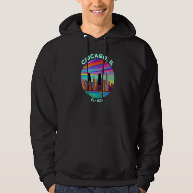 Moletom Chicago Illinois Skyline Retro 90s Vaporwave Color (Frente)