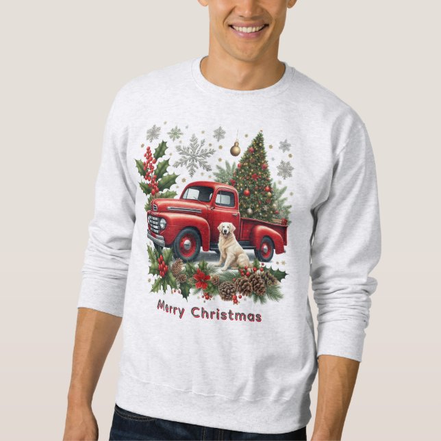Moletom Christmas Red Truck with Dog and Christmas Tree  (Frente)