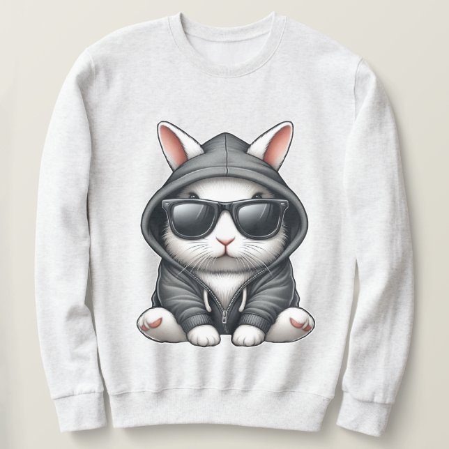 Moletom Coelho Branco Legal com Capuz e Óculos de Sol (Frente do Design)