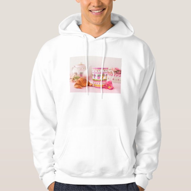 Moletom Com Capuz Caneca com chá, Croissant e flor (Frente)