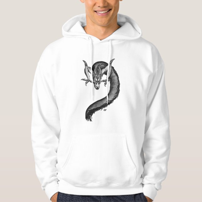 Moletom Com Capuz Design branco e preto do dragão (Frente)