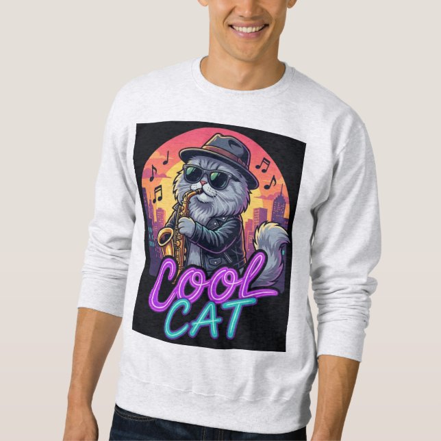 Moletom Cool Cat Saxophone – Retro Neon 90s Jazz Cat Desig (Frente)