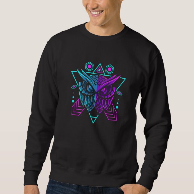 Moletom Coruja Roxa Azul Turquesa Com Synthwave Geométrico (Frente)