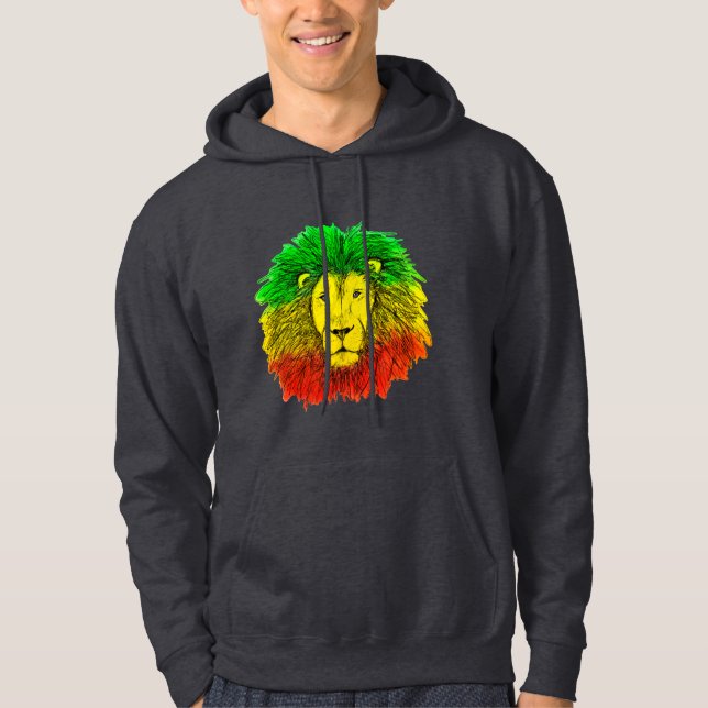 Moletom Desenho da cabeça de leão Rasta vermelho amarelo v (Frente)