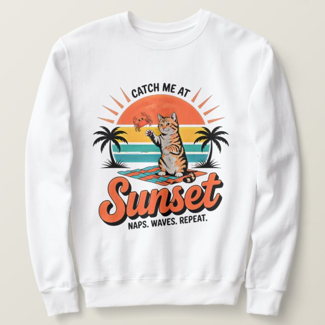 Moletom Design de Praia de Pôr do Sol Retro de Gato de Ver (Frente do Design)