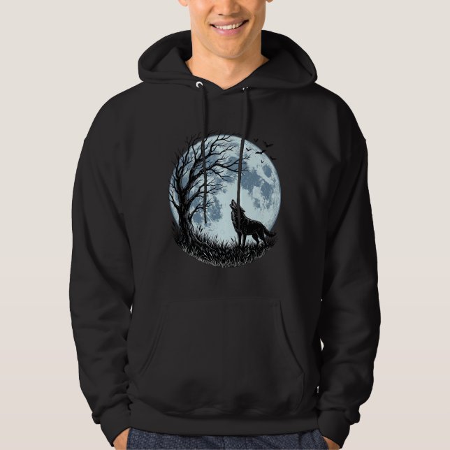 Moletom Design Silhueta da Árvore da Lua Uivando Lobo Vint (Frente)
