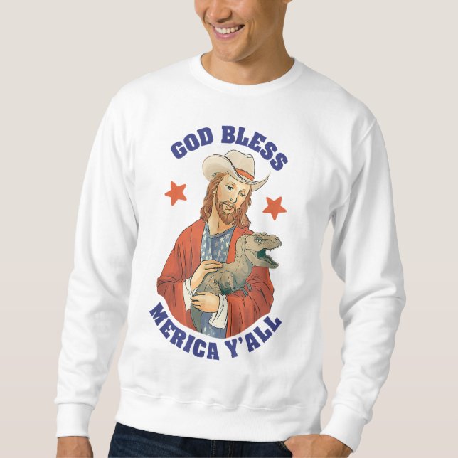 Moletom Deus abençoe Merica Y Jesus Dinossaur Cowboy Hat (Frente)