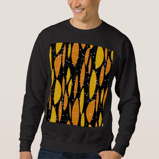 Moletom Estilo atômico, padrão geométrico laranja preto. (Frente)