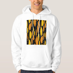 Moletom Estilo atômico, padrão geométrico laranja preto.