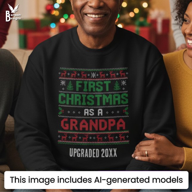 Moletom Estilo de Tricô Nórdico PRIMEIRO NATAL COMO AVÔ (FIRST GRANDPA CHRISTMAS Ugly Christmas Jumper with custom name. Ideal festive gift for a new gramps)