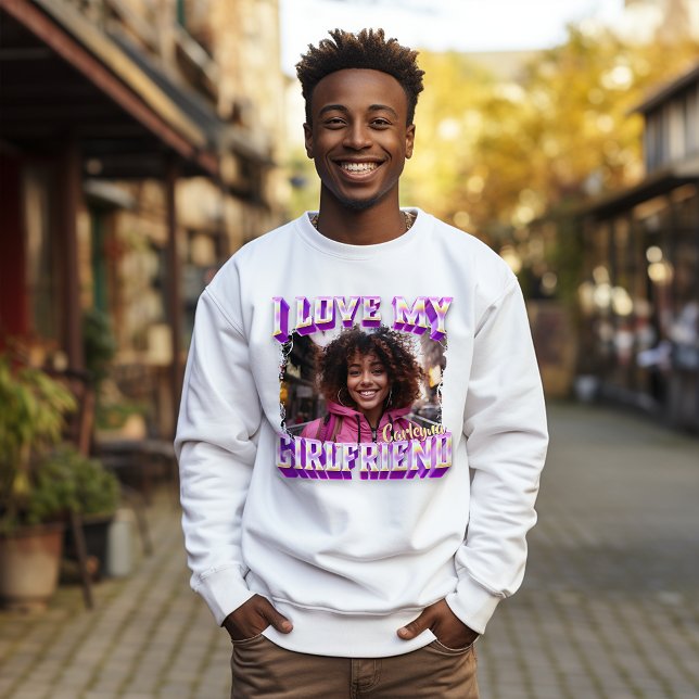 Moletom Eu Amo Minha Foto De Rapper De Bootleg Namorada Pu (I Love My Girlfriend Purple Bootleg Rapper Photo Sweatshirt)