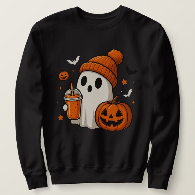 Moletom Fantasma de Halloween Fofo com Abóbora e Bebida  (Frente do Design)