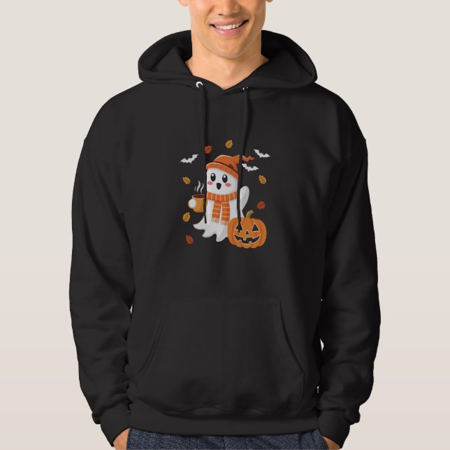 Moletom Fantasma Fofo Bebendo Café Gelado Halloween  (Frente)