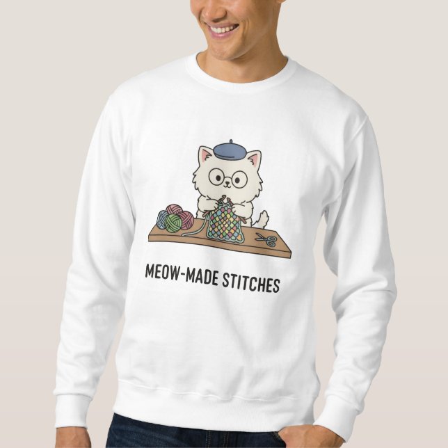 Moletom Feline Knitter 'Meow-Made Stitches' Crafting Art (Frente)