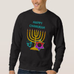 Moletom FELIZ FELIZ CHANUKAH Hanukkah<br><div class="desc">FELIZ camisa unisexa CHANUKAH Hanukkah, com TEXTO PERSONALIZÁVEL, projetada com uma falsa menorah dourada, estrela colorida de David e sonho prateado e GREETING PERSONALIZÁVEL, para que você possa criar sua própria saudação. Suéter ideal para homens ou mulheres na estação de Chanucá. Escolha entre uma ampla seção de roupas e presentes...</div>