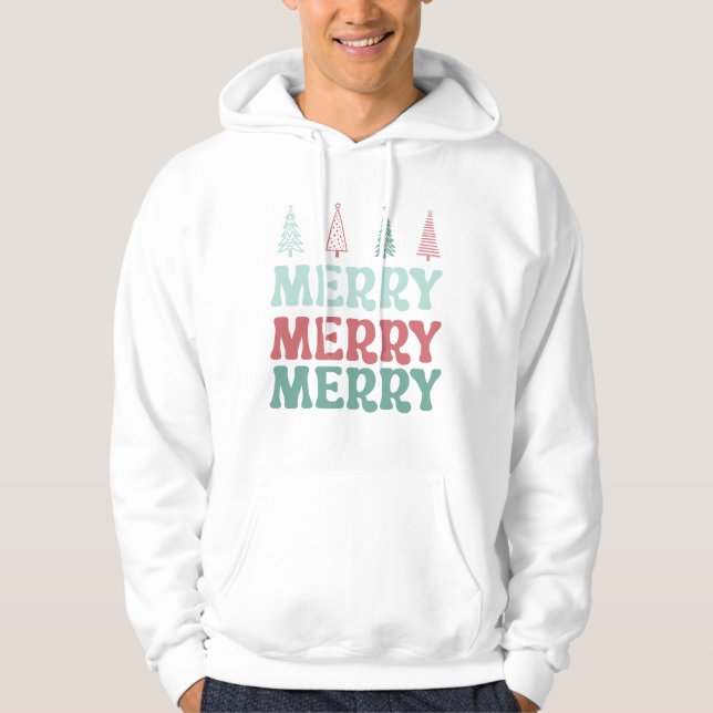 Moletom Feliz Feliz Feliz com Árvores de Natal Pastel Boho (Frente)