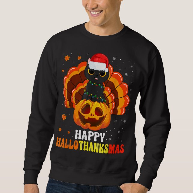 Moletom Feliz Hallothanksmas Black Cat Papai noel Pumpkin (Frente)