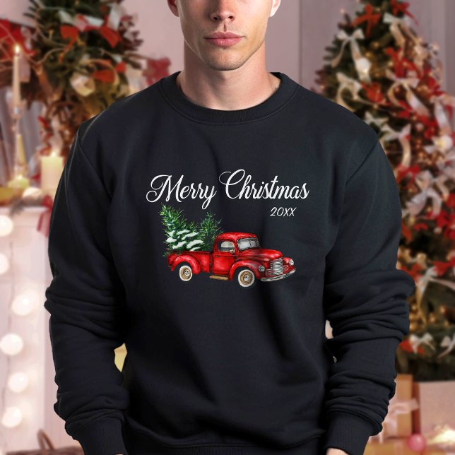 Moletom Feliz Natal Aquarela Vintage Red Truck Black (Several shirt types and colors to choose from.)