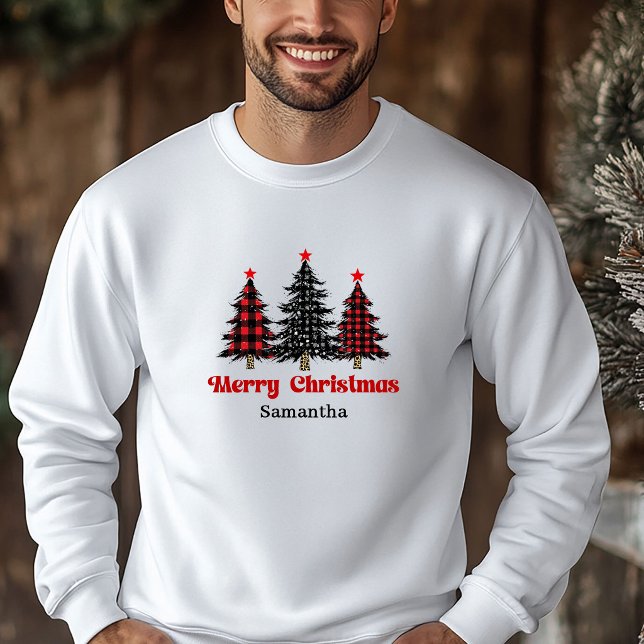 Moletom Feliz Presente de Capuz de Árvore Xadrez de Búfalo (Happy Buffalo Plaid Tree Holiday Hoodie Gift Idea)