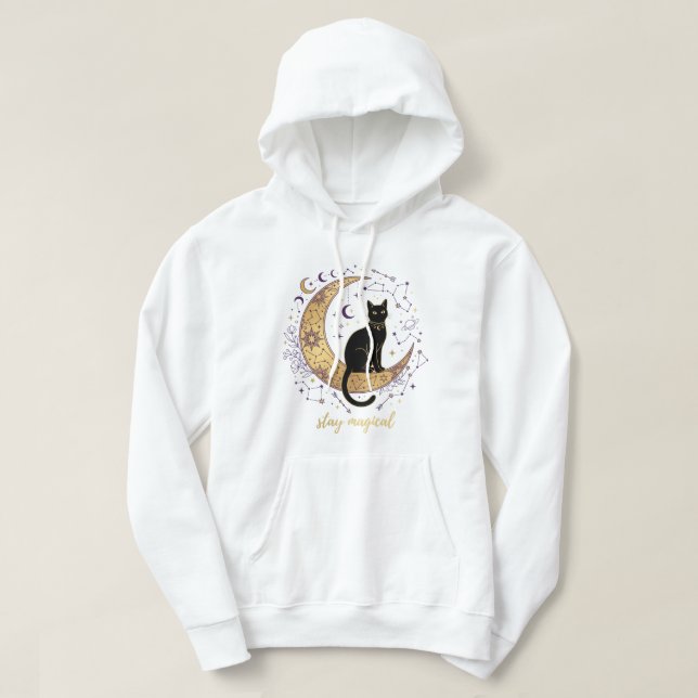 Moletom Fique Mágico Gato Preto Lua Celestial Witchy (Frente do Design)