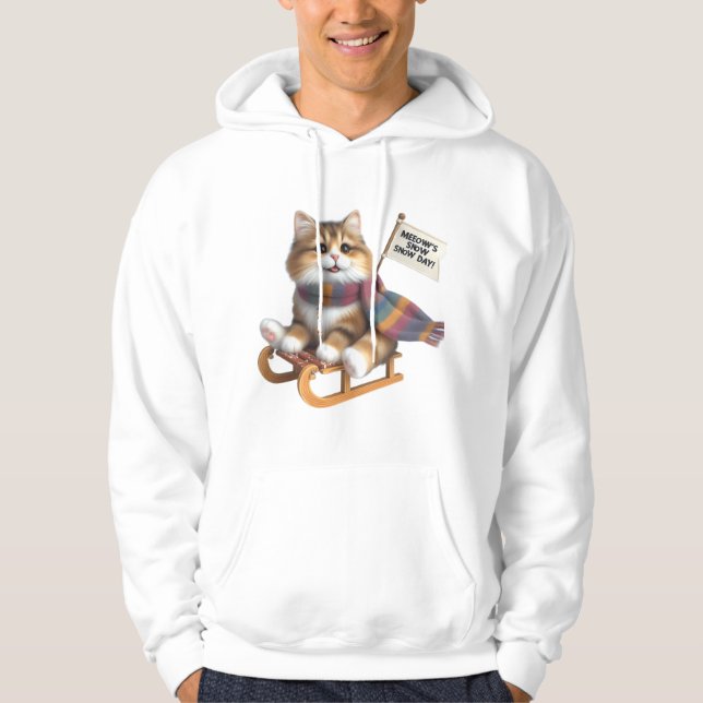 Moletom ​Fluffy Kitten Snow Day on Sled, Cute Cat in Scarf (Frente)