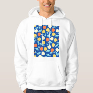 Moletom Folhas de maçãs, fundo azul, padrão sem costura.
