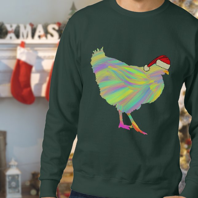 Moletom Frango de Natal Engraçado Psicélico Hen Humor (Funny christmas chicken colorful Santa hen sweatshirt For farm poultry lovers)
