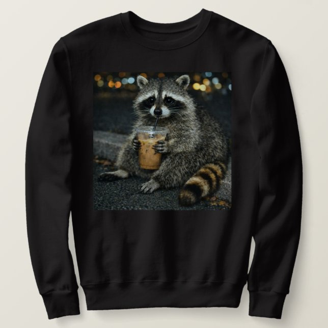 Moletom Funny Raccoon Drinking Iced Coffee — Cute Animal  (Frente do Design)
