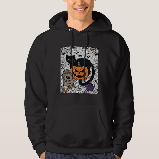 Moletom Gatinho Preto do Halloween Abóbora Lápide Caldeirã (Frente)