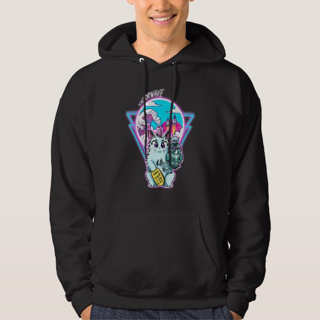 Moletom Gato Cyberpunk Maneki-Neko Com Estilo De Onda De V (Frente)