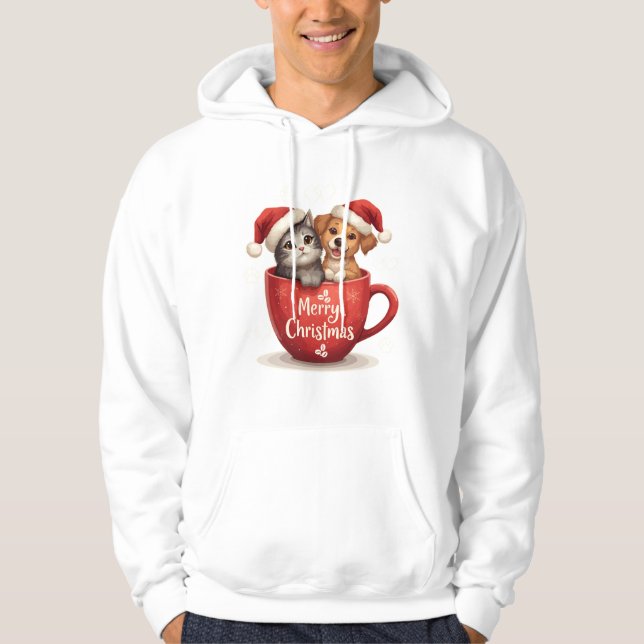 Moletom Gato e Cachorro Feliz Natal em Capuz de Caneca Pet (Frente)