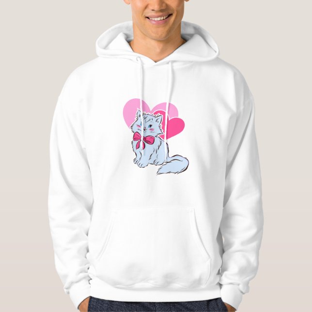 Moletom Gato Kawaii Azul com Laço Rosa e Corações (Frente)