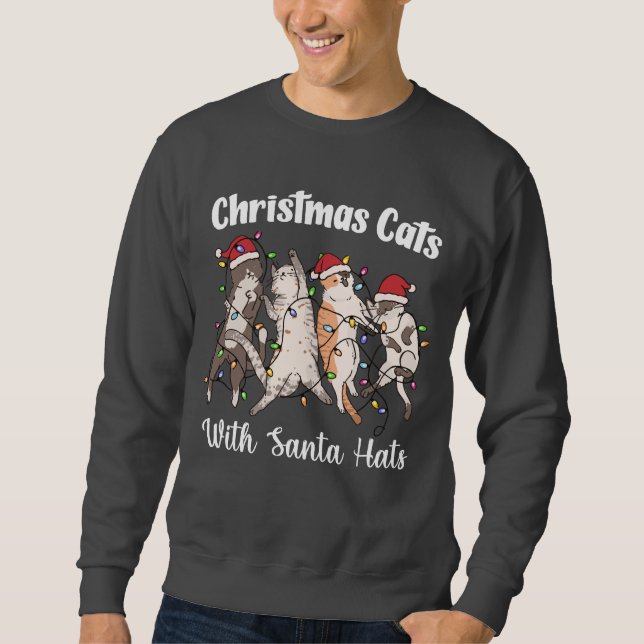 Moletom Gatos de Natal com Chapéus de Papai Noel Fofos e D (Frente)