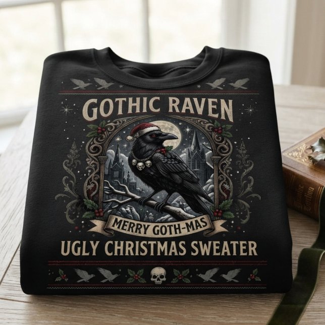 Moletom Gótico Corvo Natal Feio (Gothic raven graphic sweatshirt for alternative souls on ugly christmas sweater day)