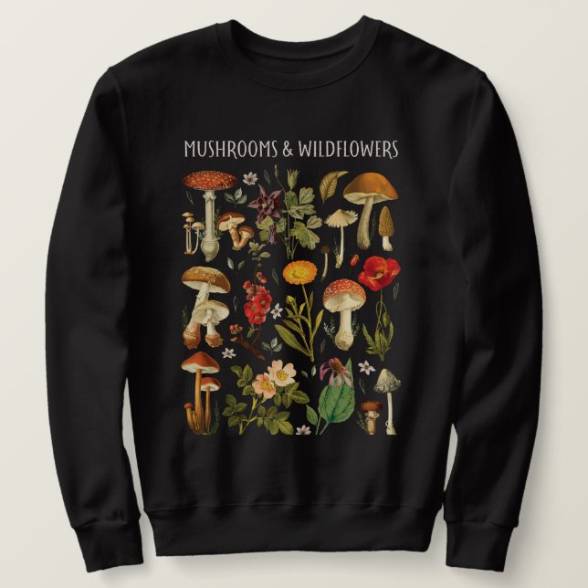 Moletom Gráfico de Cogumelos e Flores Silvestres Retrô Vin (Frente do Design)