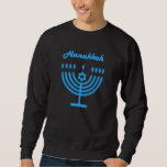 Moletom Hanukkiah Happy Hanukkah Holiday Menorah<br><div class="desc">Símbolo Hanukkiah. Feliz Festa de Hanukkah Feriado Judeu Menorah Azul. Decoração de Feriado Judeu Chanukkah com o símbolo decorativo tradicional de Chanuka - Marinho Blue color hanukkiah menorah, candelabro com velas, estrela de David e ilustração azul neon brilhante. Festa de Chanucá das Luzes Decoração do Evento. Jerusalém, Israel. Vestuário e...</div>