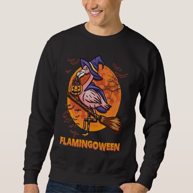 Moletom Happy Flamingoween Witch Pumpkin  Flamingo Hallowe (Frente)