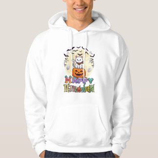 Moletom Happy Halloween White Cat Pumpkin Moon Bats Ghosts