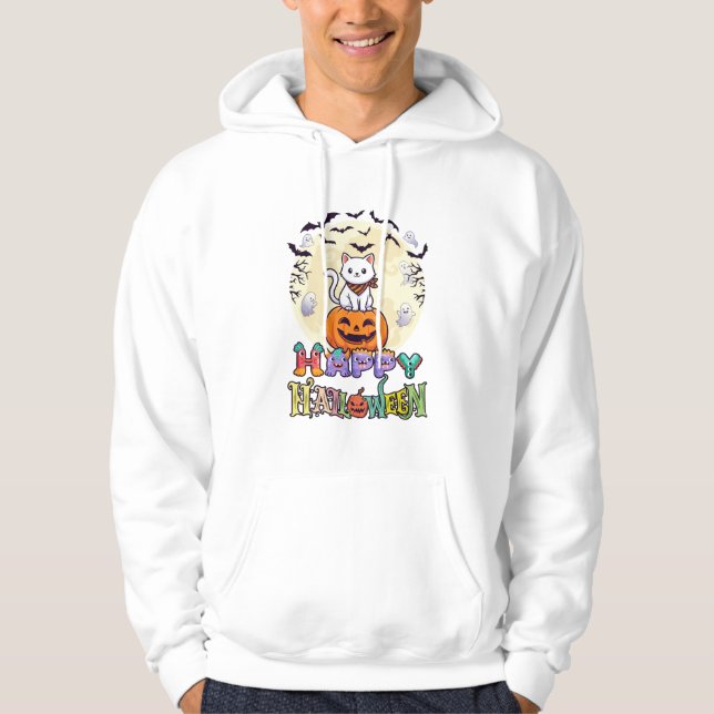 Moletom Happy Halloween White Cat Pumpkin Moon Bats Ghosts (Frente)