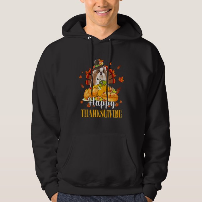 Moletom Happy Thanksgiving Turkey Shih Tzu Wearing Hat Fal (Frente)