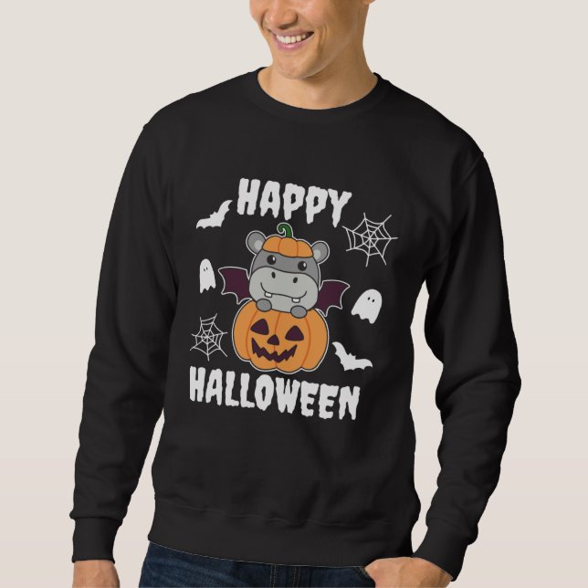 Moletom Hippo Happy Halloween Pumpkin Bat Hippos Halloween (Frente)