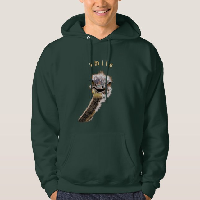 Moletom Hoodie Engraçado com avestruz feliz jogado - Sorri (Frente)